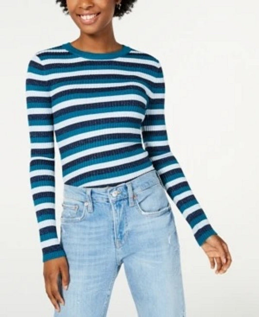 Hooked Up By Iot Juniors' Shine Striped Rib-Knit Sweater Blue Size Extra Small