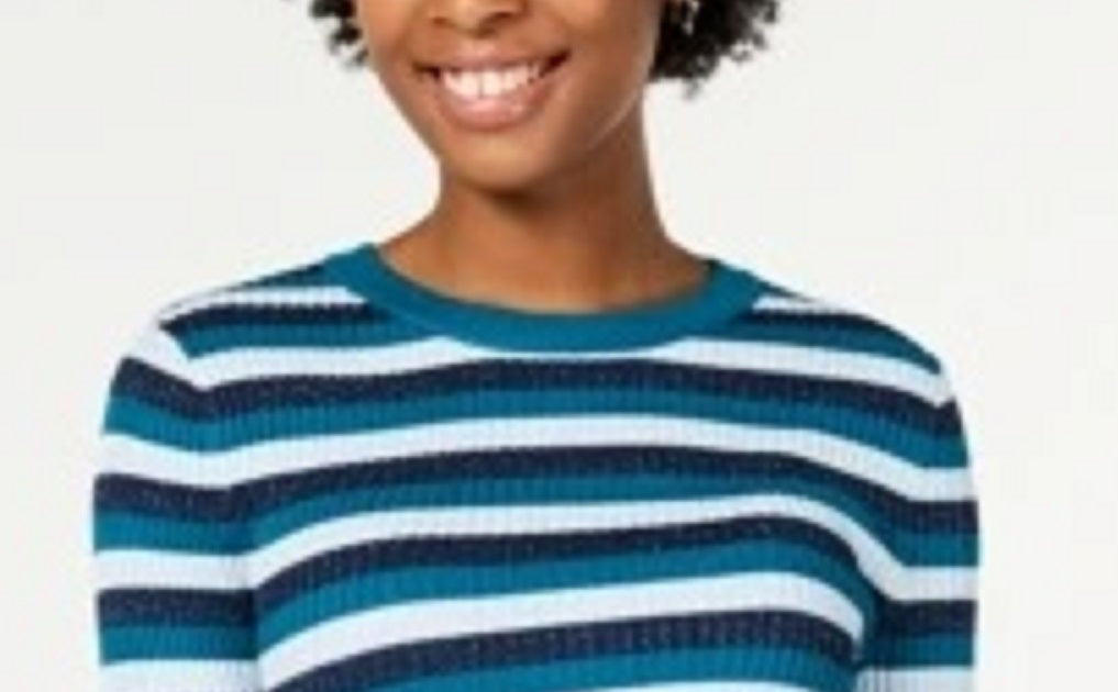 Hooked Up By Iot Juniors' Shine Striped Rib-Knit Sweater Blue Size Extra Small