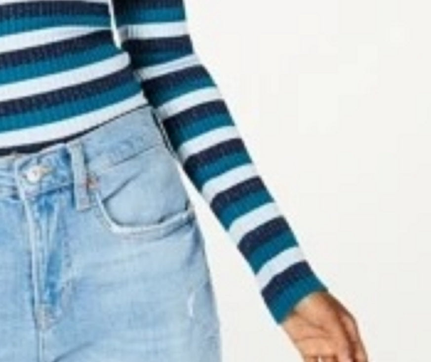 Hooked Up By Iot Juniors' Shine Striped Rib-Knit Sweater Blue Size Extra Small