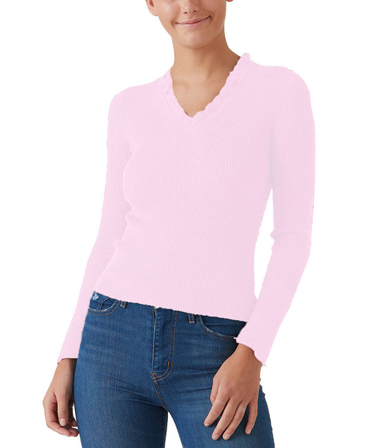 Hooked Up by IOT Juniors' Ruffled V-Neck Sweater Pink Size X-Large