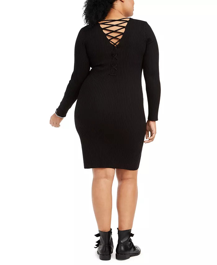 Planet Gold Women's Trendy Plus Size Lace-Up-Back Bodycon Dress Black Size Extra Large