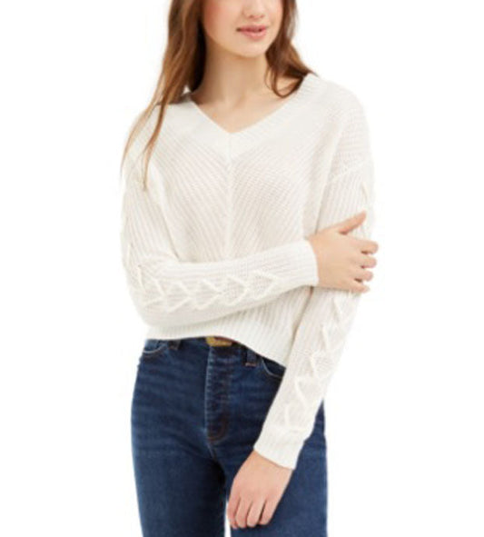 Almost Famous Juniors' Lace-Up Sweater White