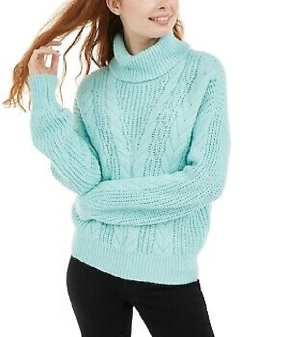 Crave Fame Women's Turtleneck Cable Knit Sweater Green Size Large