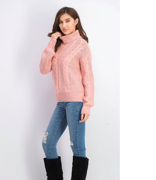 Crave Fame Juniors' Turtleneck Cable Knit Sweater Pink Size Extra Large