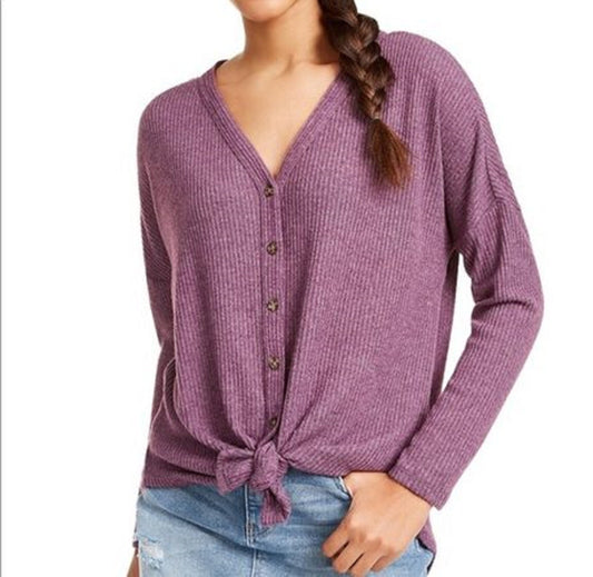 Ultra Flirt Juniors' Cozy Ribbed Tie-Front Top Violet Ice Size Medium