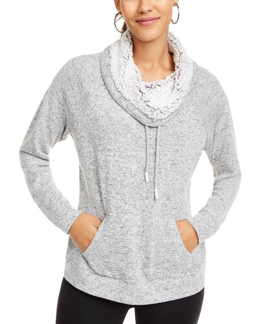 Ultra Flirt Juniors' Sherpa Lined Funnel Neck Sweatshirt Gray Size Small