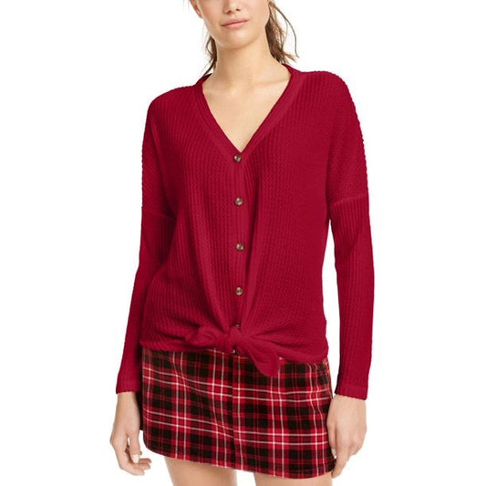 Ultra Flirt Junior's Waffle Knit Tie Front Top Red Size X-Small