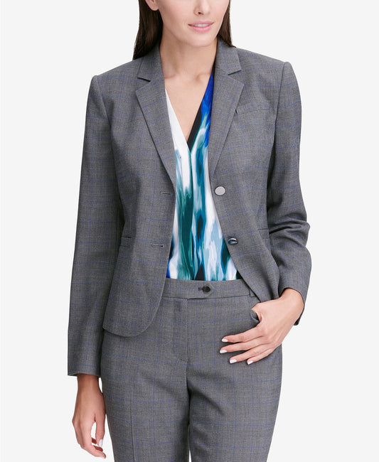 Calvin Klein Women's Glen Plaid Two-Button Jacket Silver Size 14