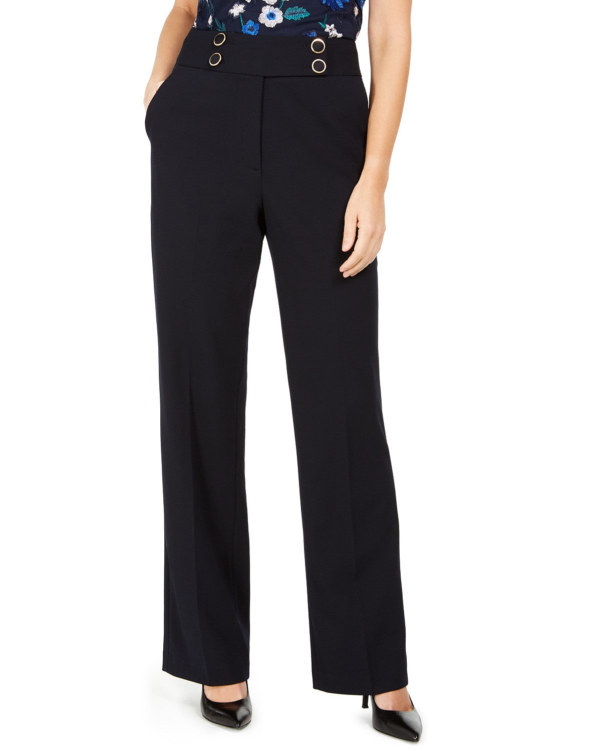 Calvin Klein Women's High-Rise Buttoned-Waist Dress Pants Navy Size 2