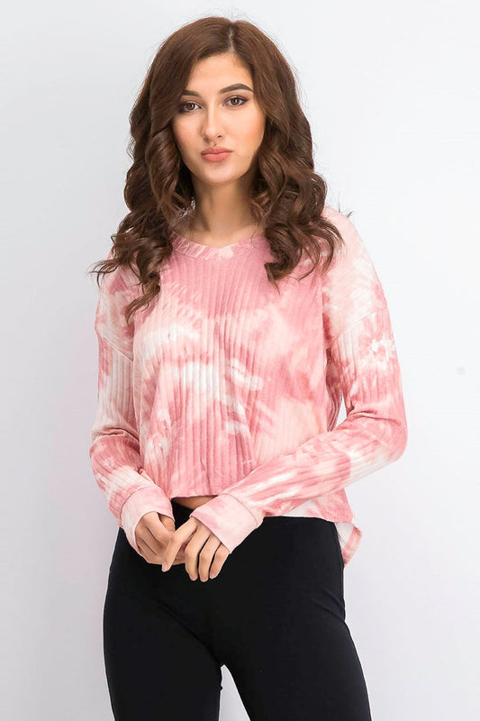 Crave Fame Juniors' Cozy Ribbed Tie-Dyed Top Pink Size Extra Large