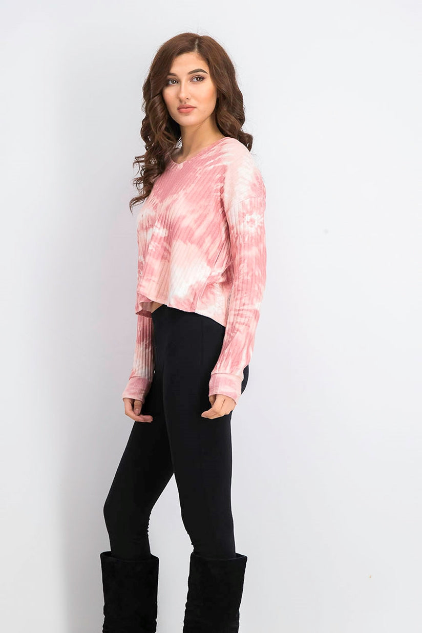 Crave Fame Junior's Cozy Ribbed Tie-Dyed Top Pink Size Extra Small