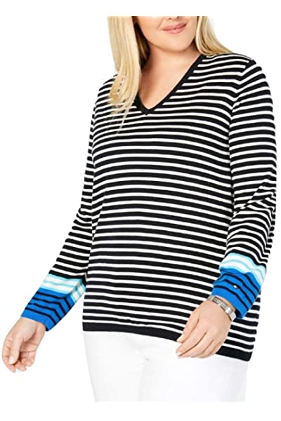 Tommy Hilfiger Women's Plus Size Cotton Striped V-Neck Sweater  Blue Size 2X