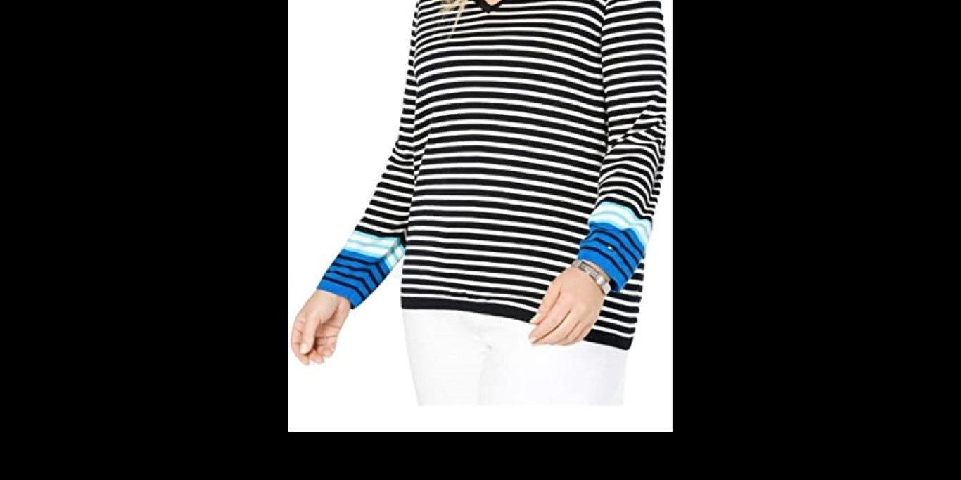 Tommy Hilfiger Women's Plus Size Cotton Striped V-Neck Sweater  Blue Size 2X