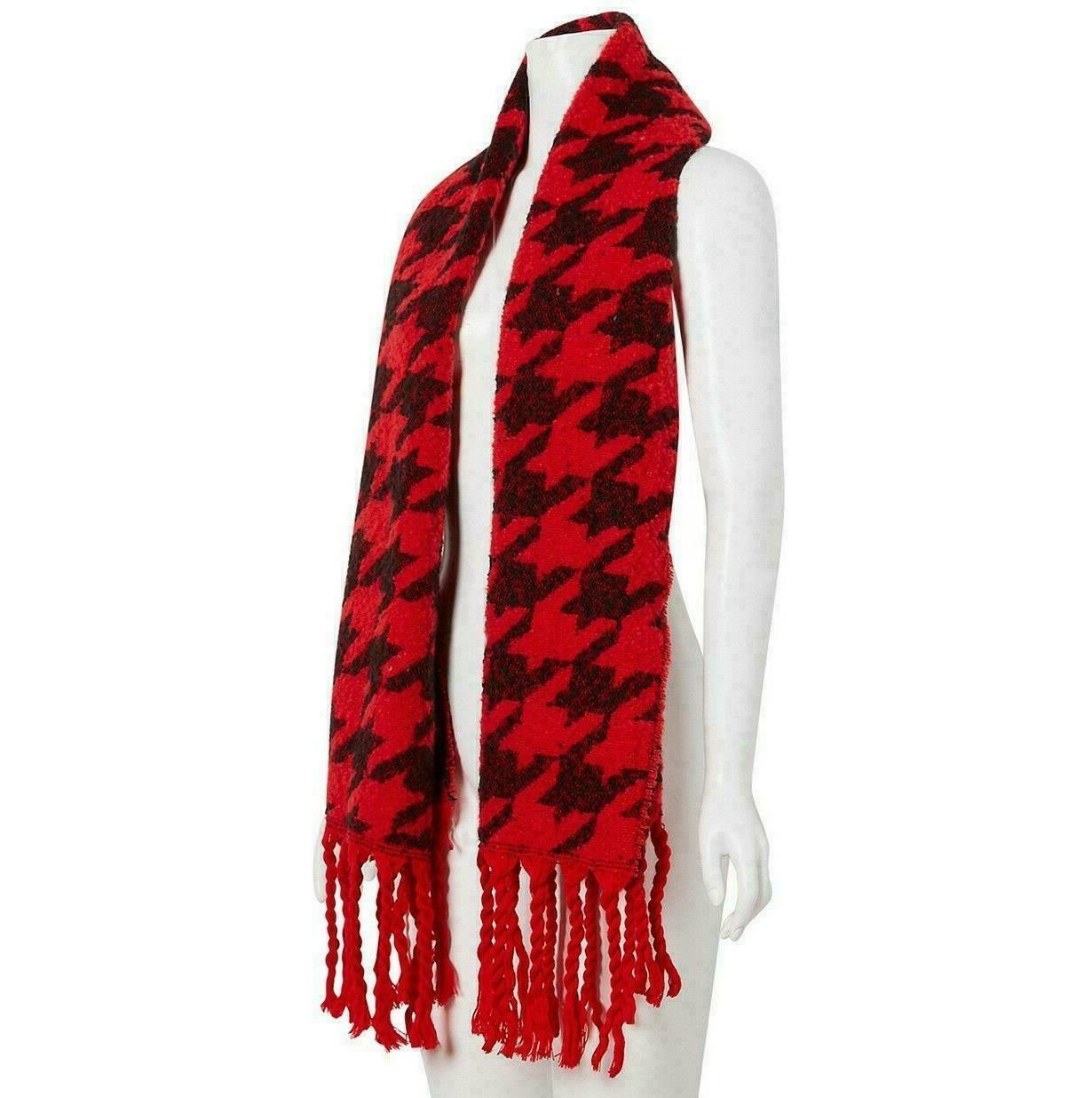 DKNY Women's Oversized Houndstooth Scarf Red and Black Size Regular