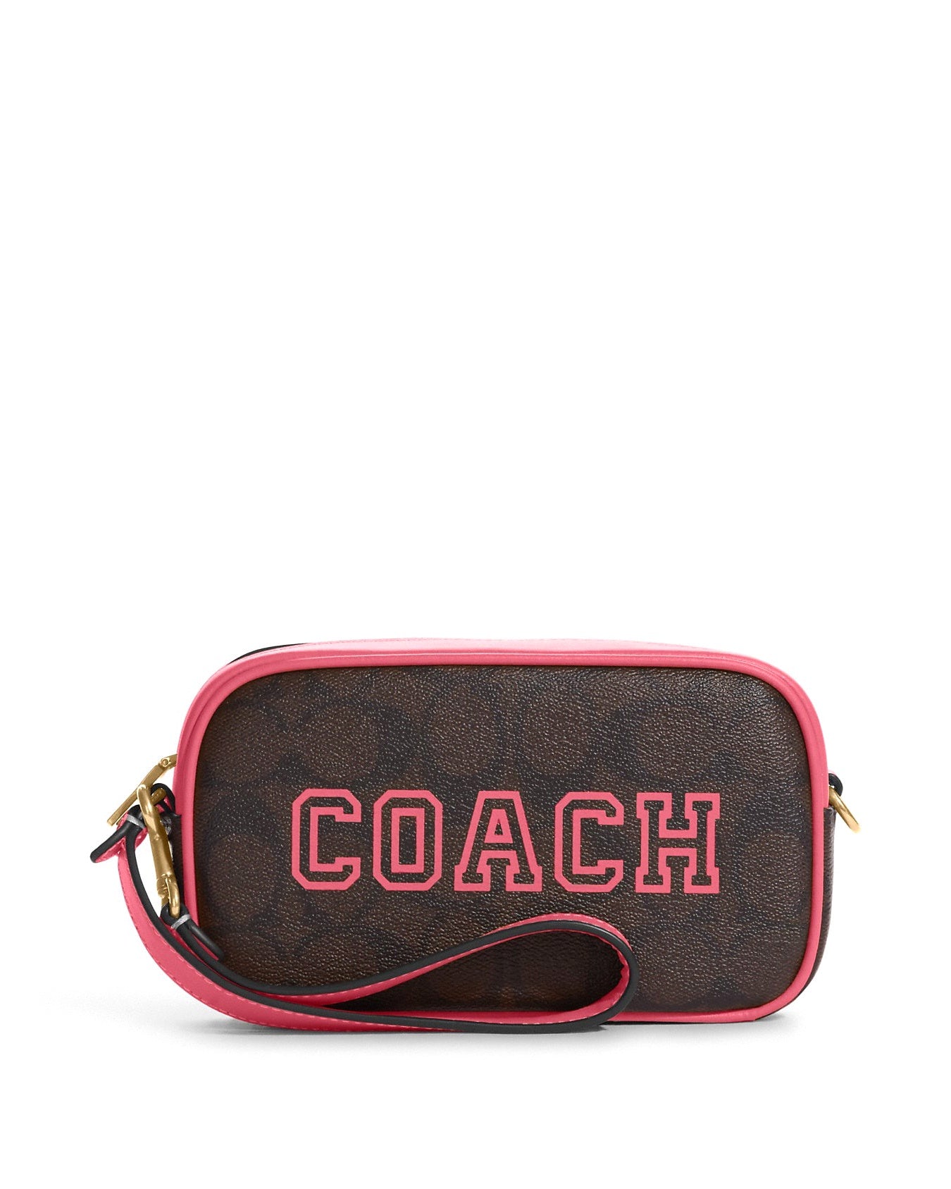 title:Coach Women's Jamie Wristlet In Signature Canvas With Varsity Motif;color:Brown / Watermelon