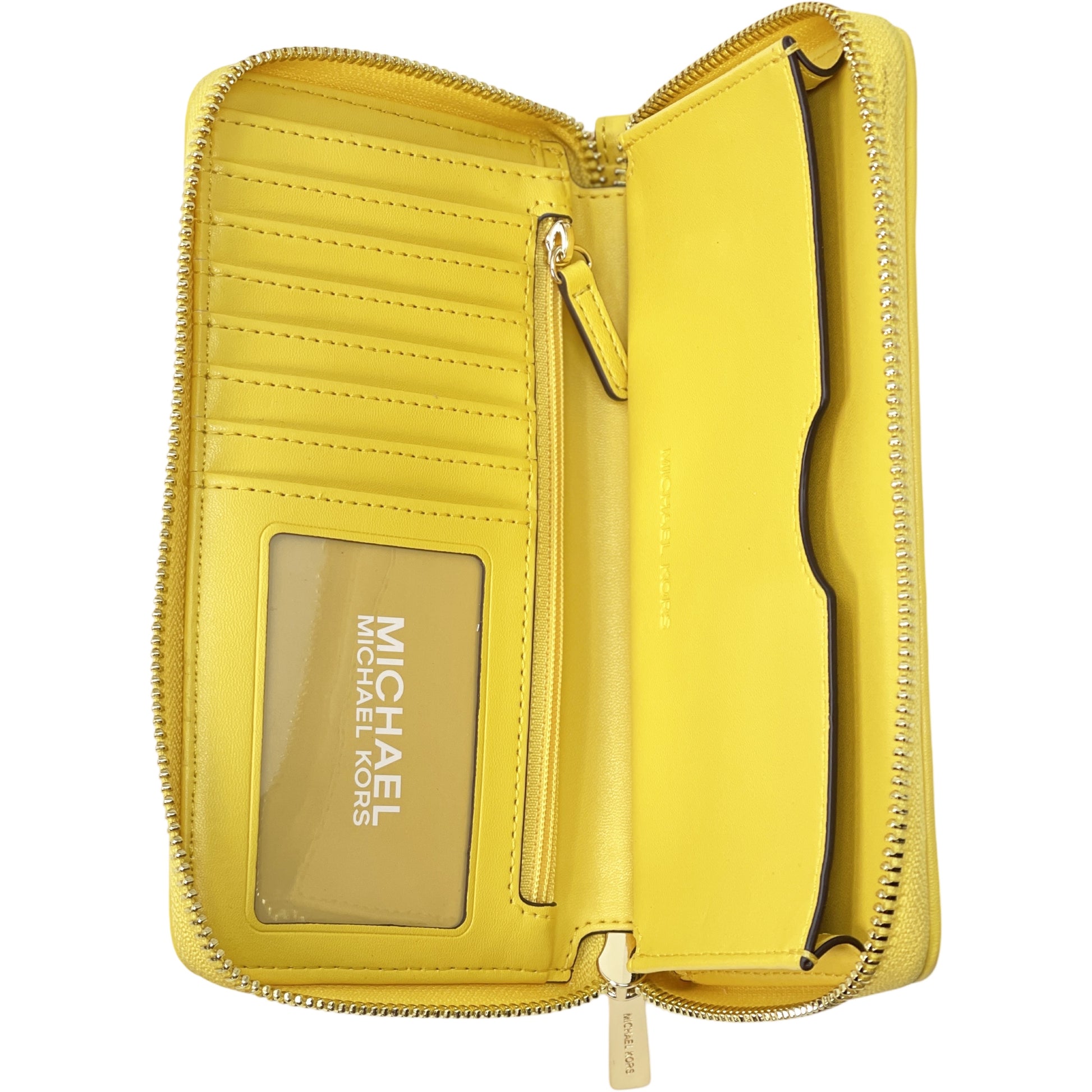 title:Michael Kors Women's Jet Set Travel Logo Jacquard Phone Wallet;color:Golden Yellow