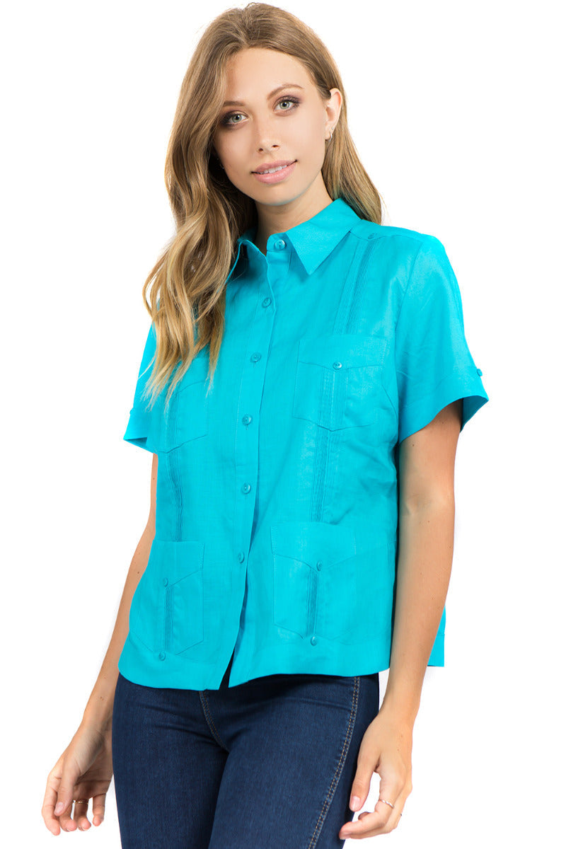 Women's Traditional Guayabera Shirt Premium 100% Linen Short Sleeve XS-3X - Ruumur