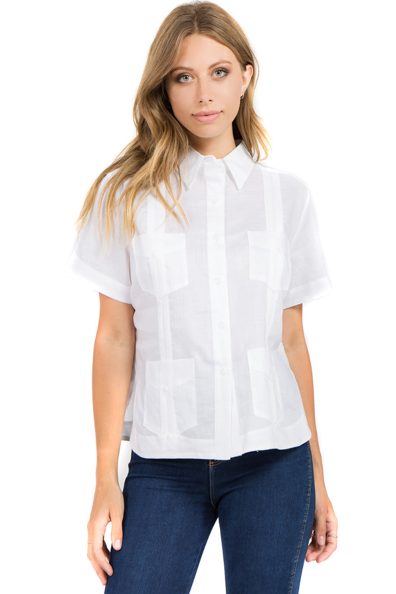 Women's Traditional Guayabera Shirt Premium 100% Linen Short Sleeve XS-3X - Ruumur