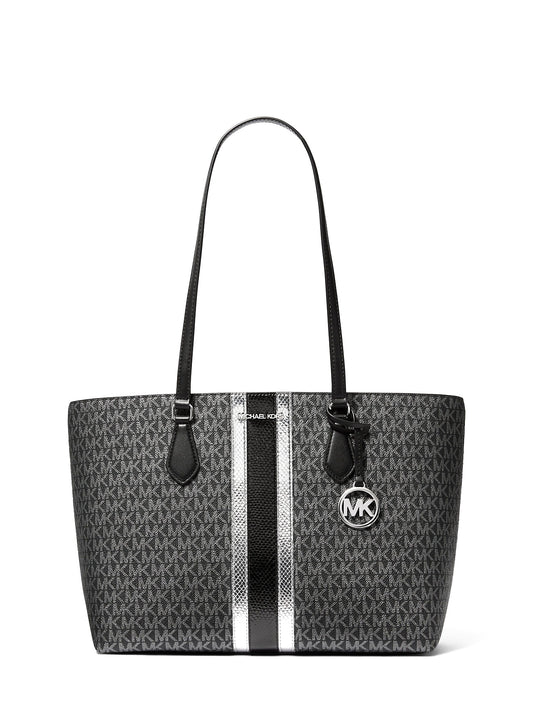 title:Michael Kors Women's 	
Sheila Large Signature Logo and Metallic Tote Bag;color:Black