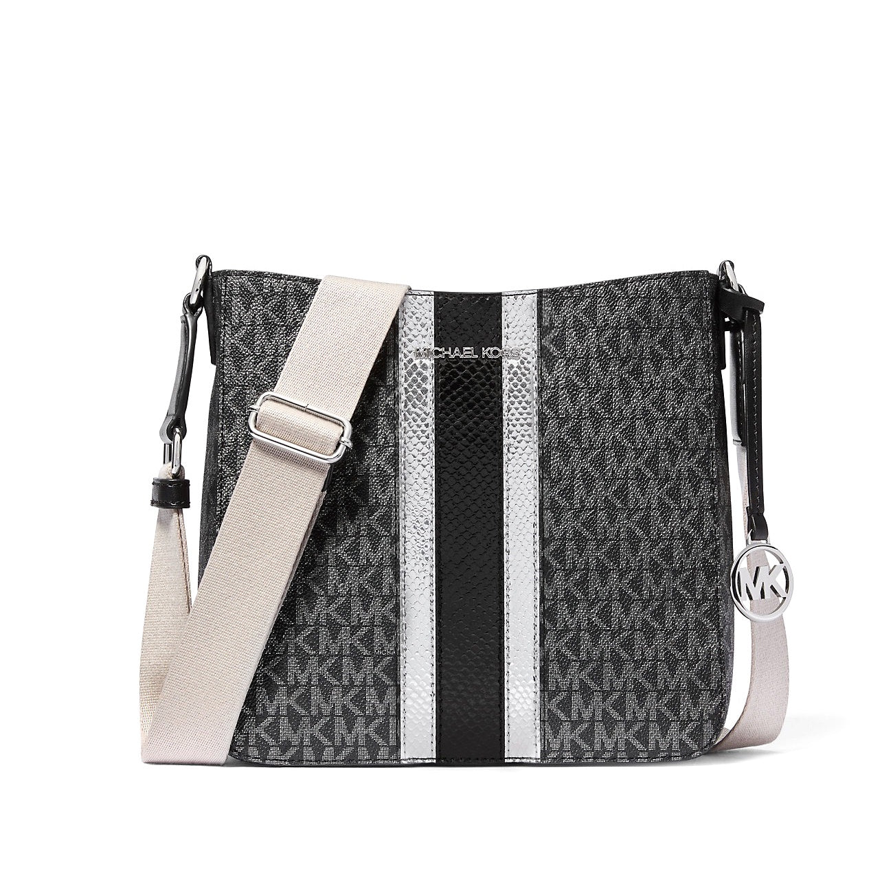 title:Michael Kors Women's Jet Set Travel Small Signature Logo and Metallic Messenger Bag;color:Black