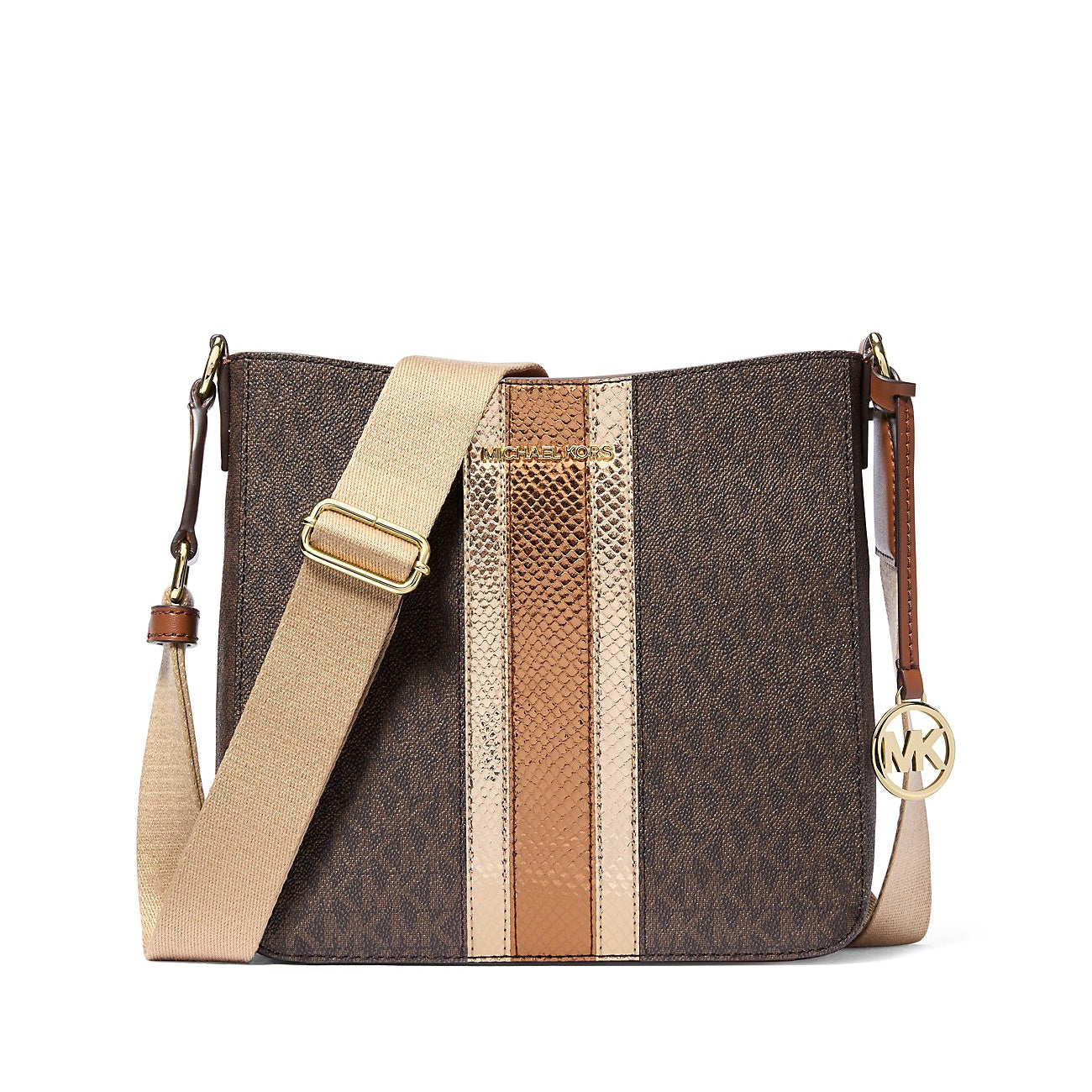 title:Michael Kors Women's Jet Set Travel Small Signature Logo and Metallic Messenger Bag;color:Brown