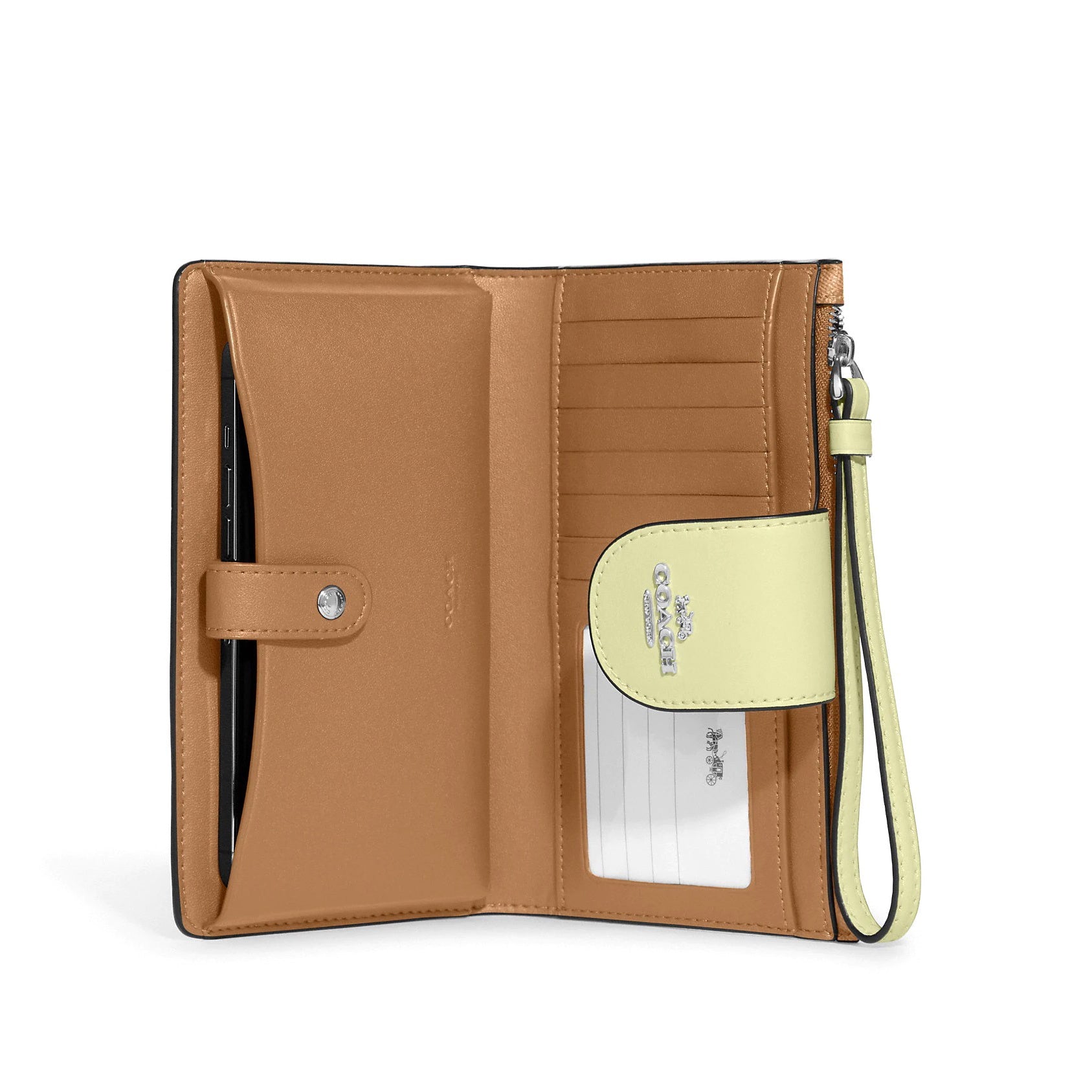 title:Coach Women's Tech Wallet In Colorblock Signature Canvas;color:Khaki / Pale Lime