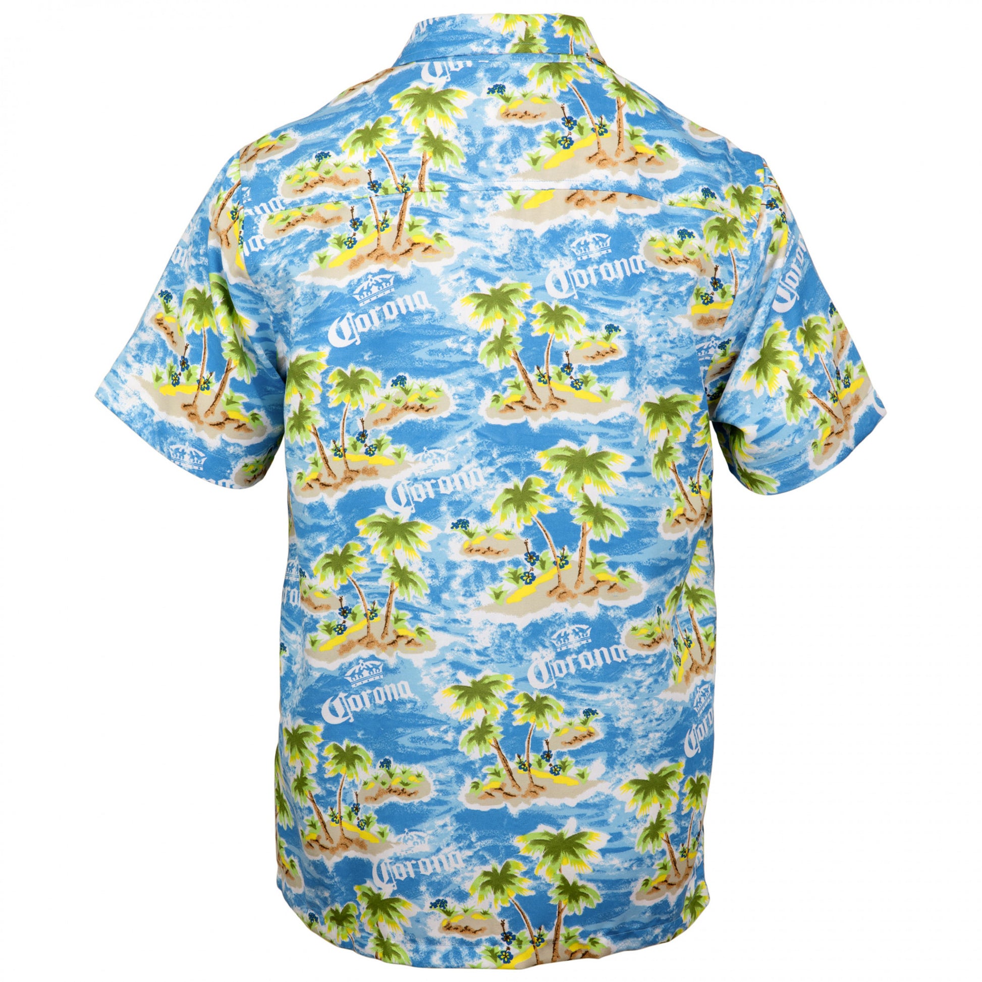 title:Corona Extra Tropical Island Button-Up Hawaiian Shirt;color:Blue