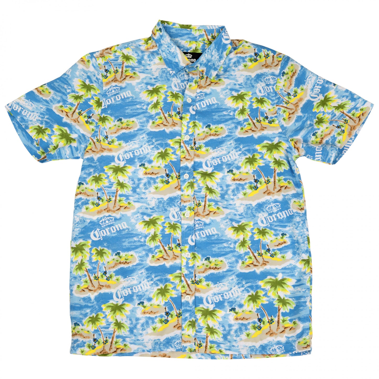 title:Corona Extra Tropical Island Button-Up Hawaiian Shirt;color:Blue