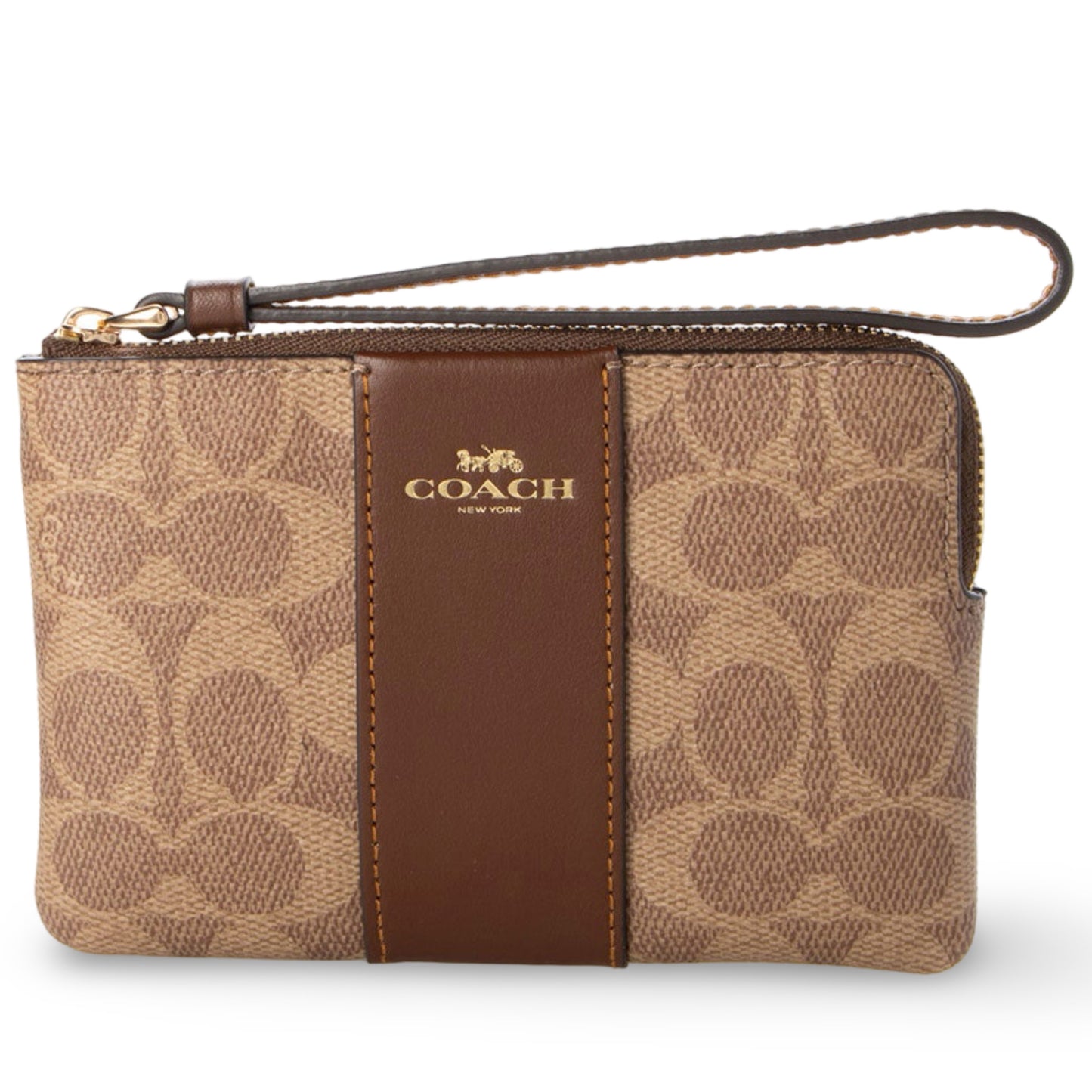 title:Coach Women's Corner Zip Wristlet In Signature Canvas;color:Tan / Brown