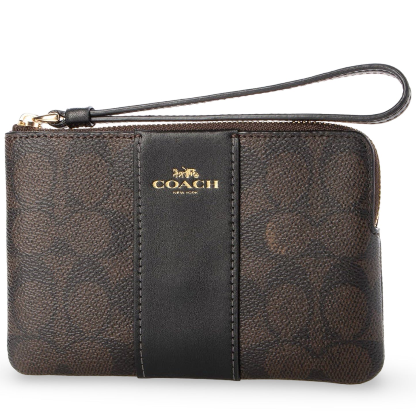 title:Coach Women's Corner Zip Wristlet In Signature Canvas;color:Walnut / Black