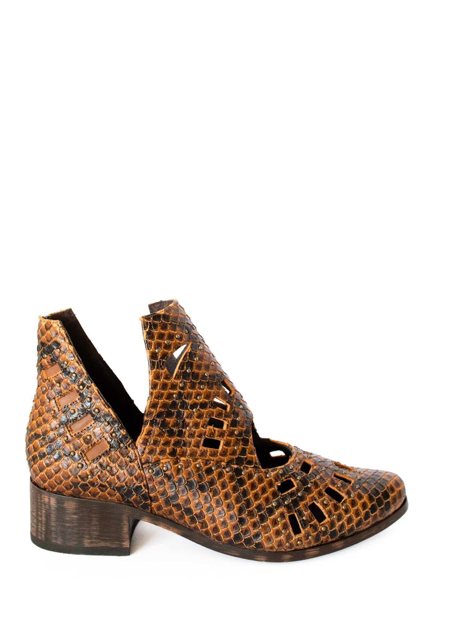 Reedy Cut Out Ankle Snakeskin Boot in Brown Leather