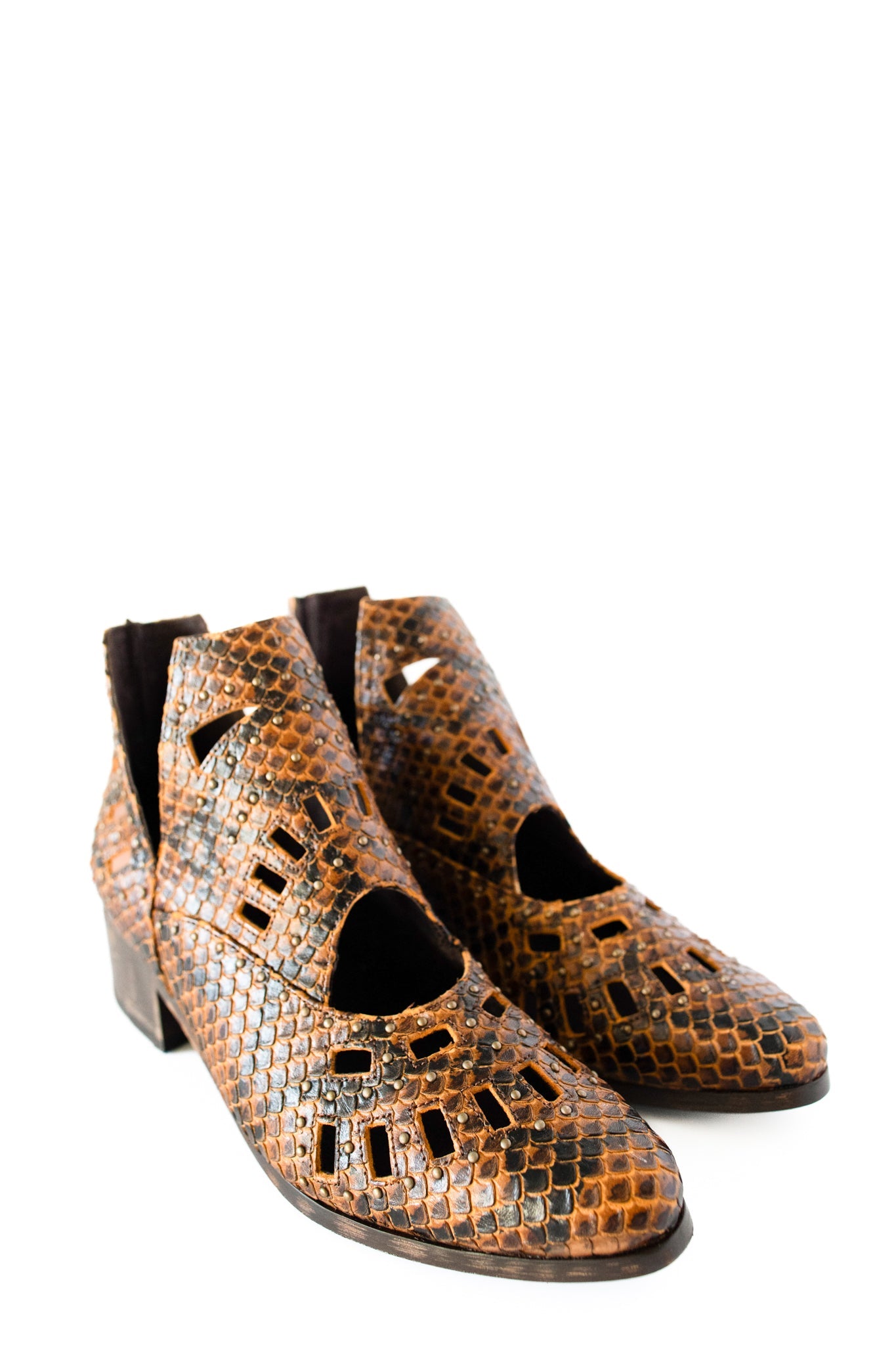 Reedy Cut Out Ankle Snakeskin Boot in Brown Leather