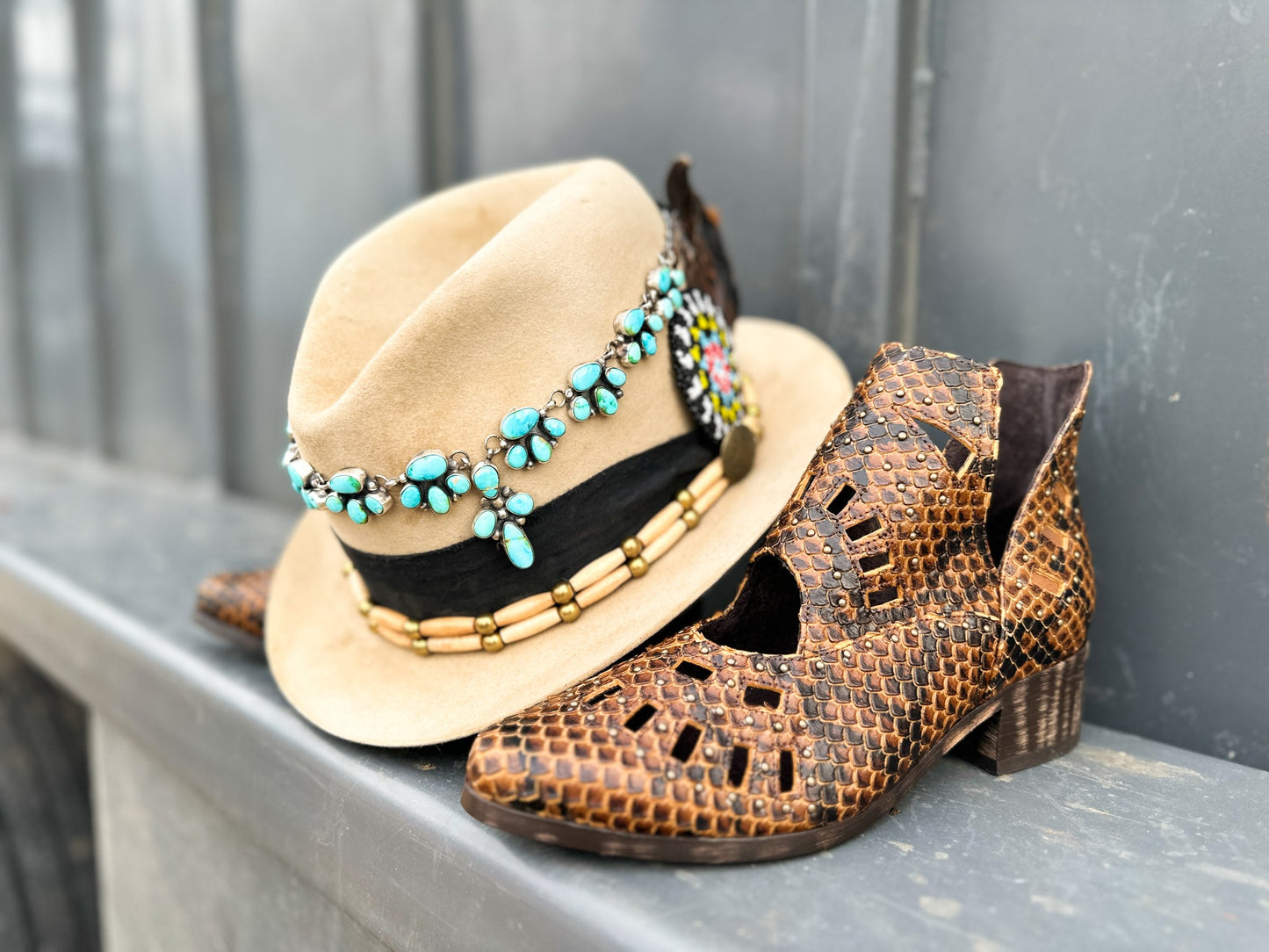 Reedy Cut Out Ankle Snakeskin Boot in Brown Leather