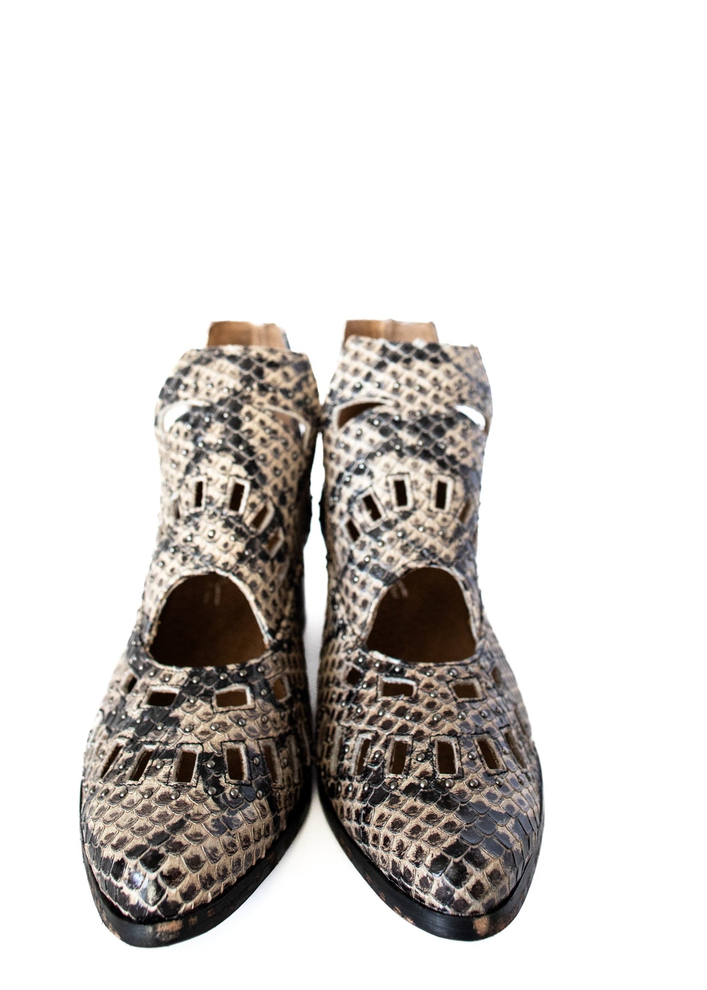 Reedy Cut Out Ankle Snakeskin Boot in Taupe Leather