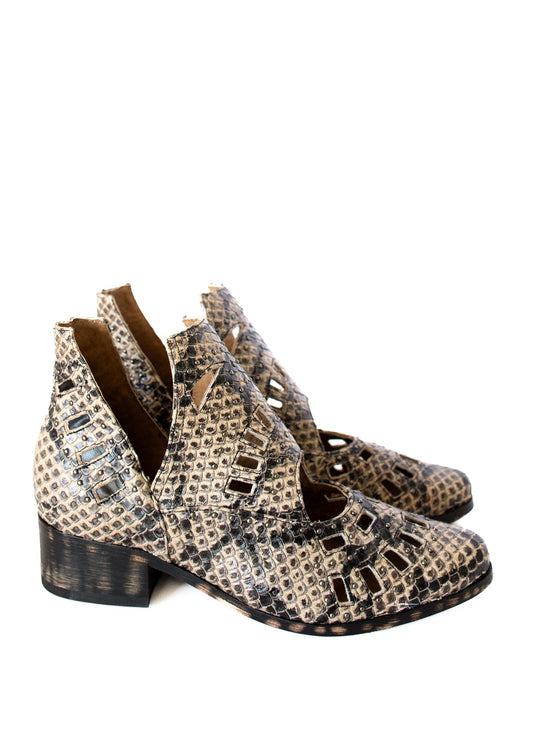 Reedy Cut Out Ankle Snakeskin Boot in Taupe Leather