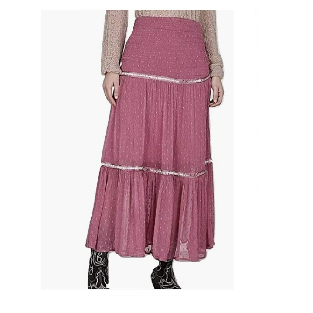 Free People Women's Zippered Embellished Textured Pleated Tea-Length Party Peasant Skirt Pink Size10 - Ruumur