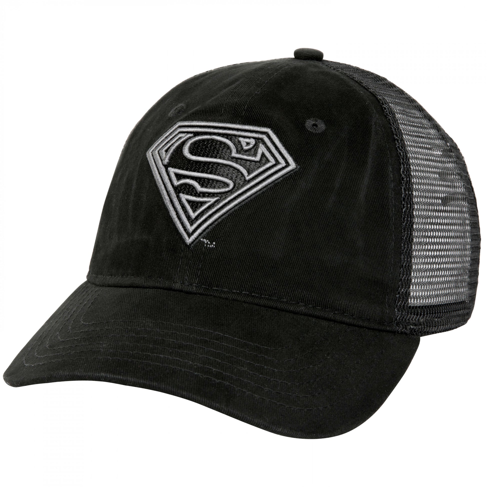 title:Superman Classic Symbol Black on Black Curved Brim Adjustable Dad Hat;color:Black