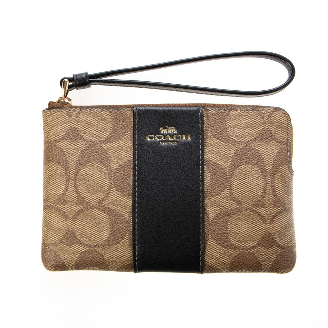 title:Coach Women's Corner Zip Wristlet In Signature Canvas;color:Khaki / Black