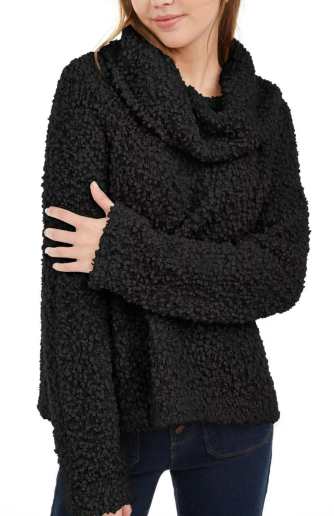 Hippie Rose Women's Juniors' Textured Cowl-Neck Sweater Black Size Medium