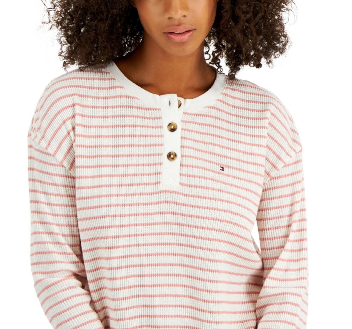 Tommy Hilfiger Women's Long Sleeve Striped Boxy Henley Top White Size Large