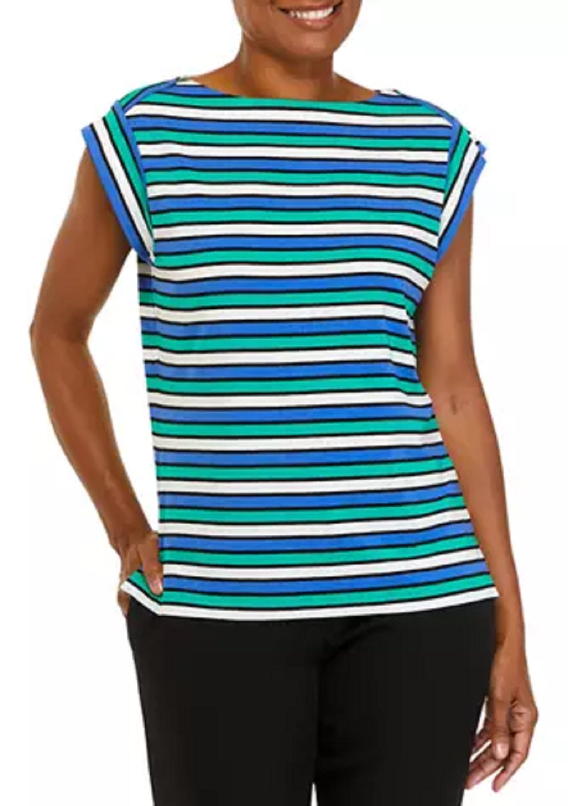 Anne Klein Women's Stripe Cap Sleeve Knit Top Blue Size Medium