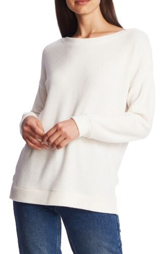 1.STATE Women's Lattice V-Back Waffle Weave Sweater White