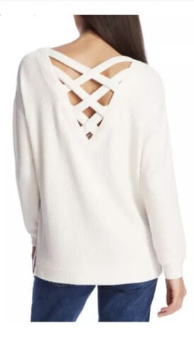 1.STATE Women's Lattice V-Back Waffle Weave Sweater White