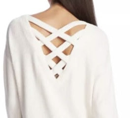 1.STATE Women's Lattice V-Back Waffle Weave Sweater White