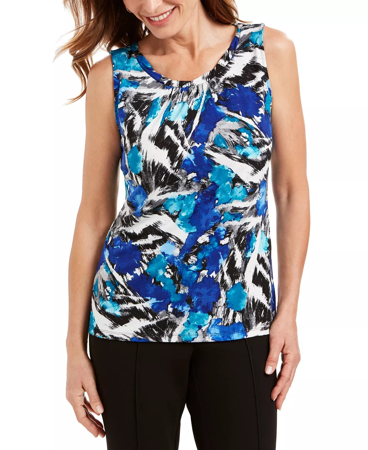 Kasper Women's Printed Sleeveless Blouse Blue Size X-Small