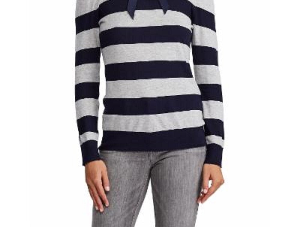 Ralph Lauren Women's Striped Long Sleeve Mandarin Collar Hi Lo Sweater Blue Size Large