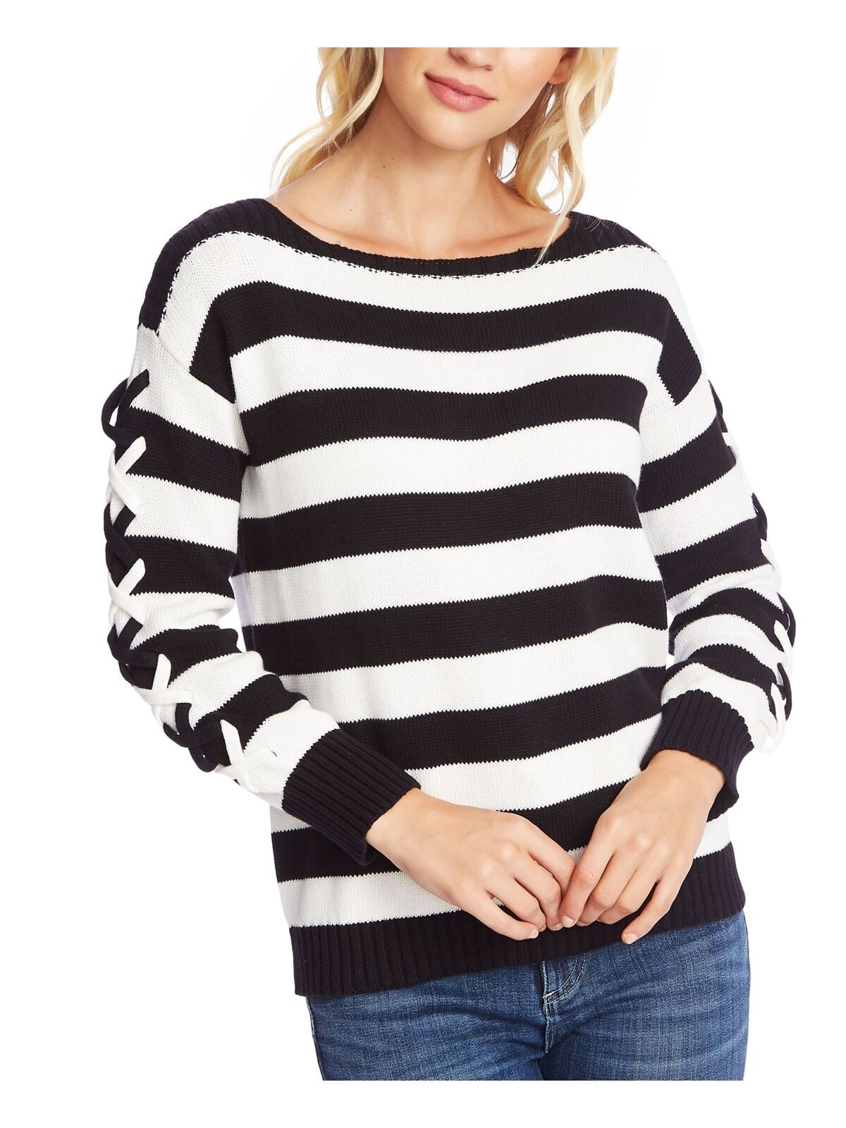 CeCe Women's Stripe Boat Neck Sweater Black / White Size Medium