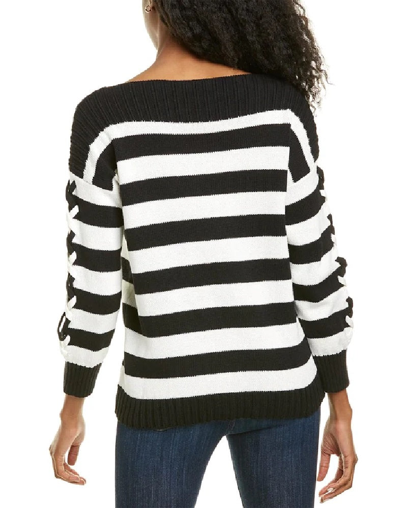 CeCe Women's Stripe Boat Neck Sweater Black / White Size Medium