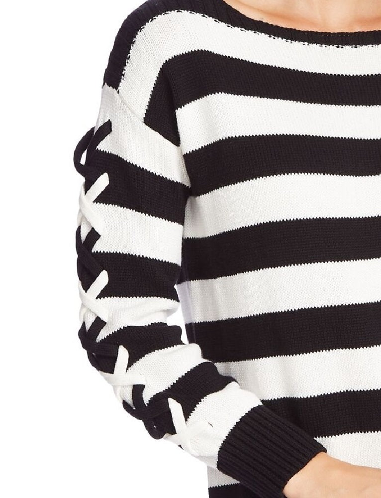 CeCe Women's Stripe Boat Neck Sweater Black / White Size Medium