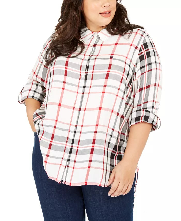 Tommy Hilfiger Women's Plus Size Plaid Button-Front Roll-Tab-Sleeve Top Red Size 0X